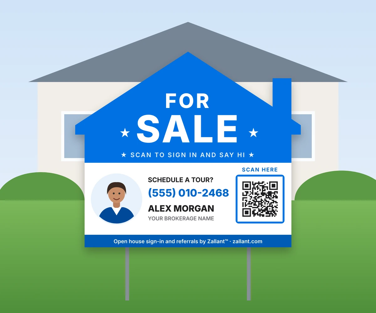 A blue house-shaped For Sale yard sign in front of a home: "Scan to sign in and say hi", a drawn agent named Alex Morgan, a 555 phone number, "Your brokerage name" and a QR code with "Scan here".
