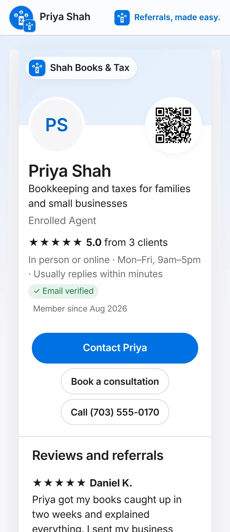 A Zallant page on a phone for a made-up preparer, Priya Shah: Enrolled Agent, 5.0 stars, Contact, Book a consultation and dated client reviews.