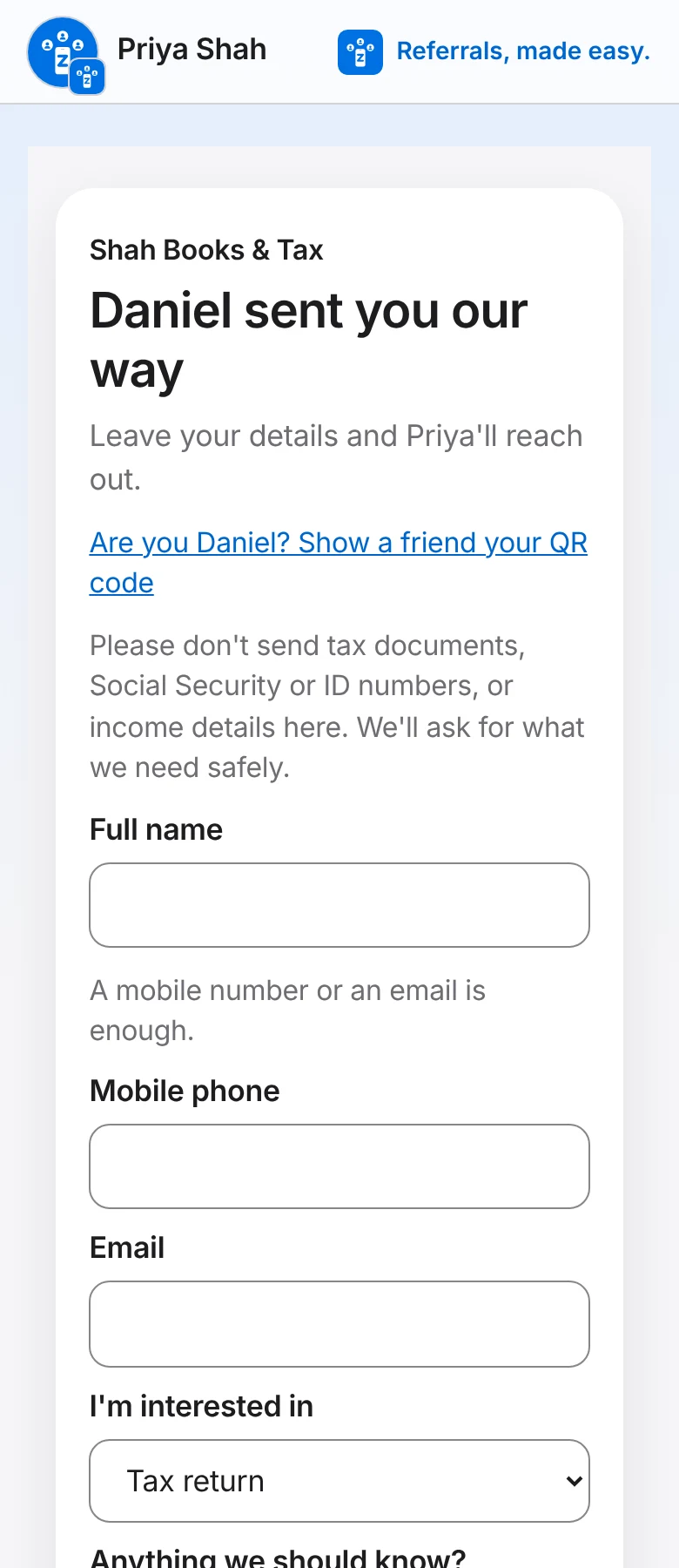 The page a friend opens from a client's link: "Daniel sent you our way", with a short form that reaches the preparer.