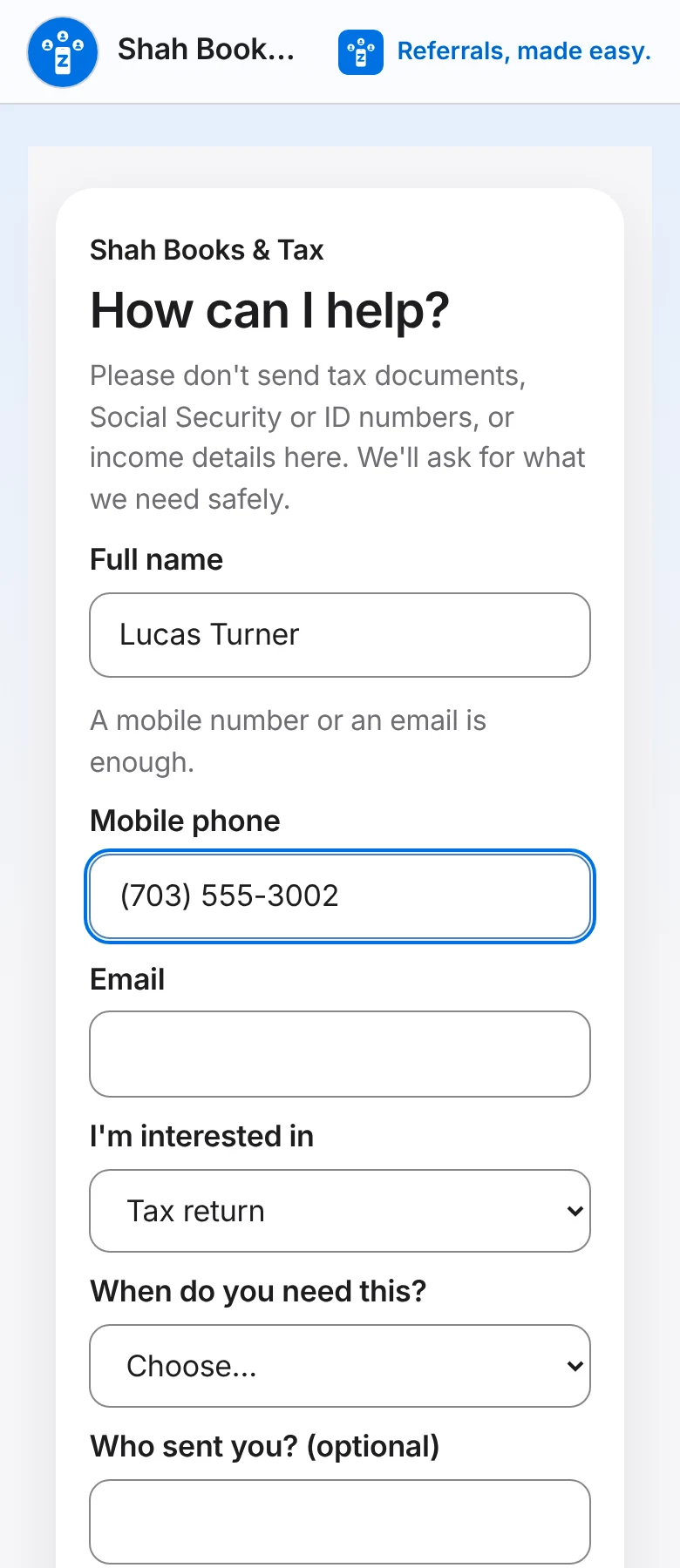 The inquiry form on a phone: a note not to send tax documents or ID numbers, then name, phone, email and "I'm interested in: Tax return".