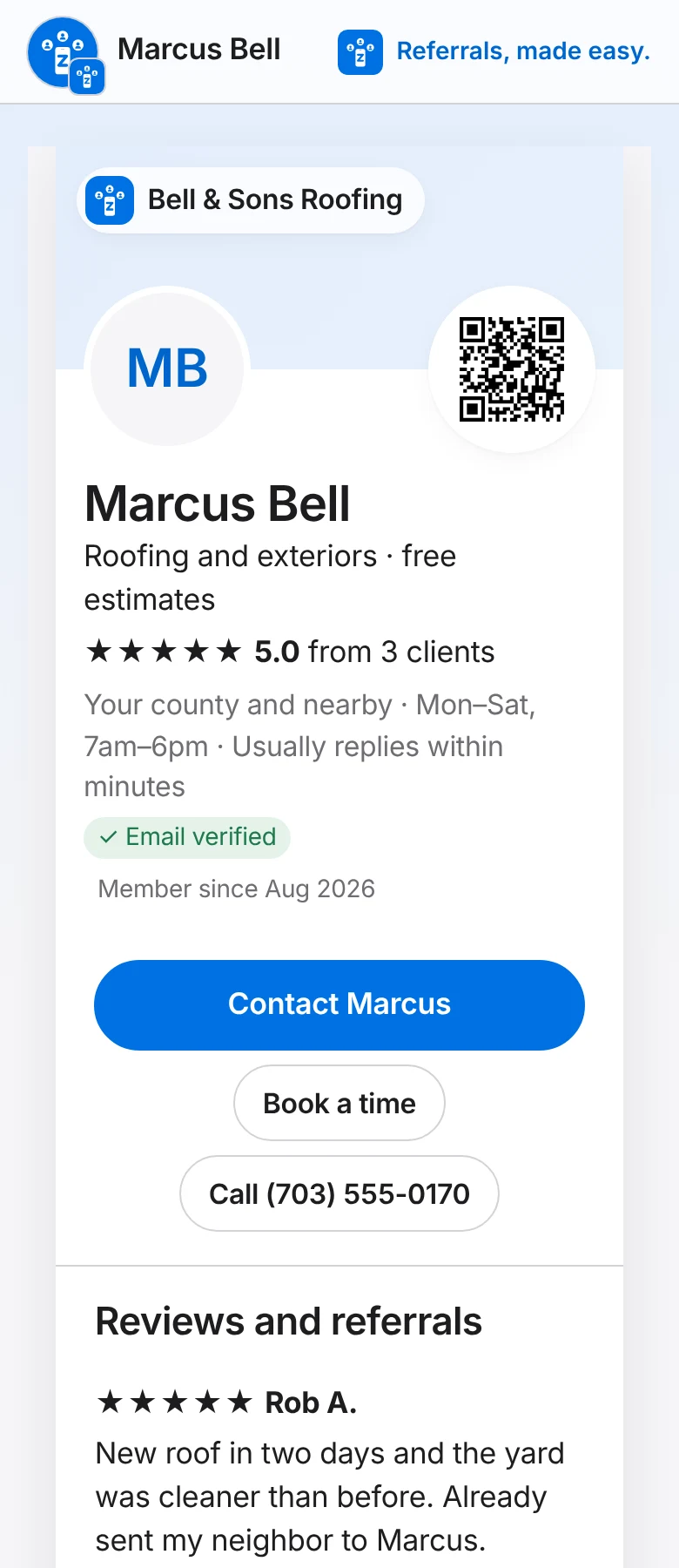 A Zallant page on a phone for a made-up roofer, Marcus Bell: 5.0 stars, service area and hours, Contact, Book a time and dated reviews.