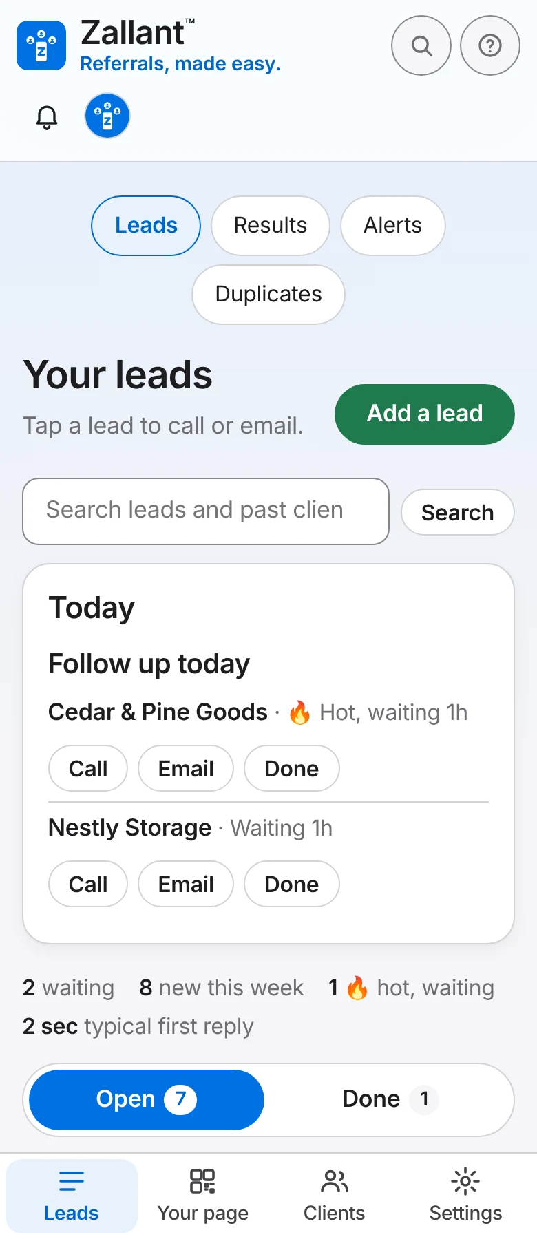 The Leads page on a phone: Follow up today with a hot brand inquiry and another waiting, each with Call, Email and Done.