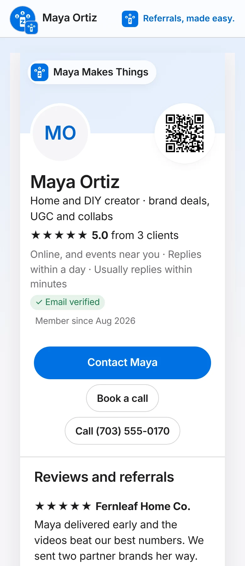 A Zallant page on a phone for a made-up creator, Maya Ortiz: brand deals, UGC and collabs, 5.0 stars, Contact, Book a call and dated brand reviews.