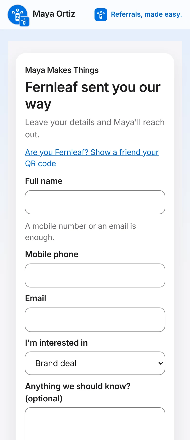 The page a brand opens from a partner's link: "Fernleaf sent you our way", with a short form that reaches the creator.