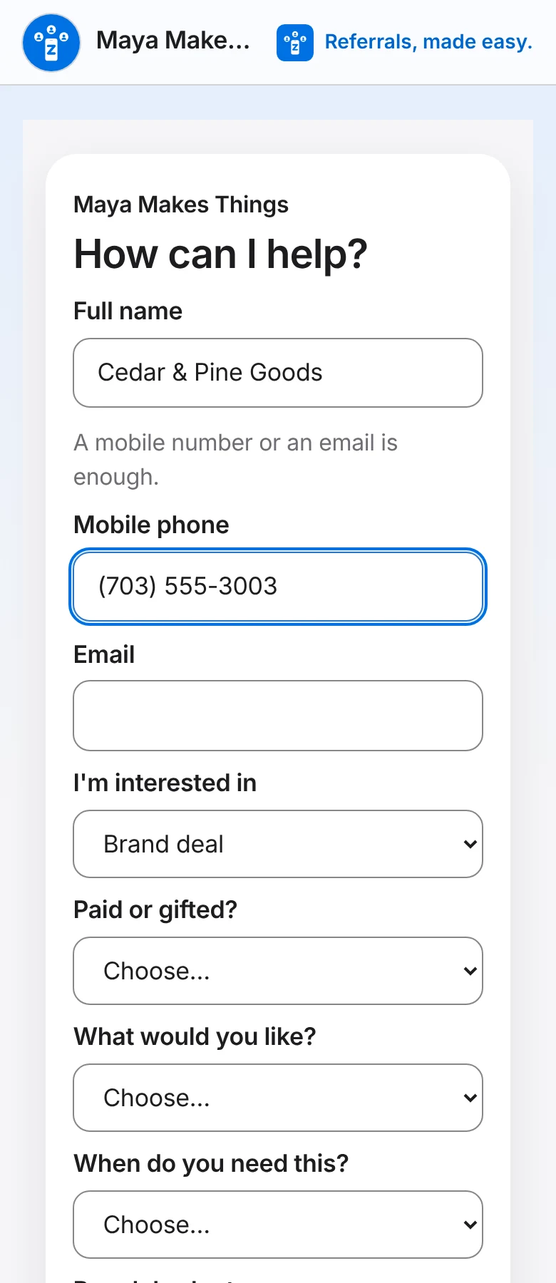The inquiry form on a phone: name, phone, email, "I'm interested in: Brand deal", "Paid or gifted?" and "What would you like?".