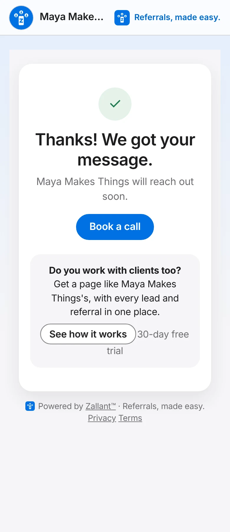 What a brand sees right after reaching out: "Thanks! We got your message." and a Book a call button.