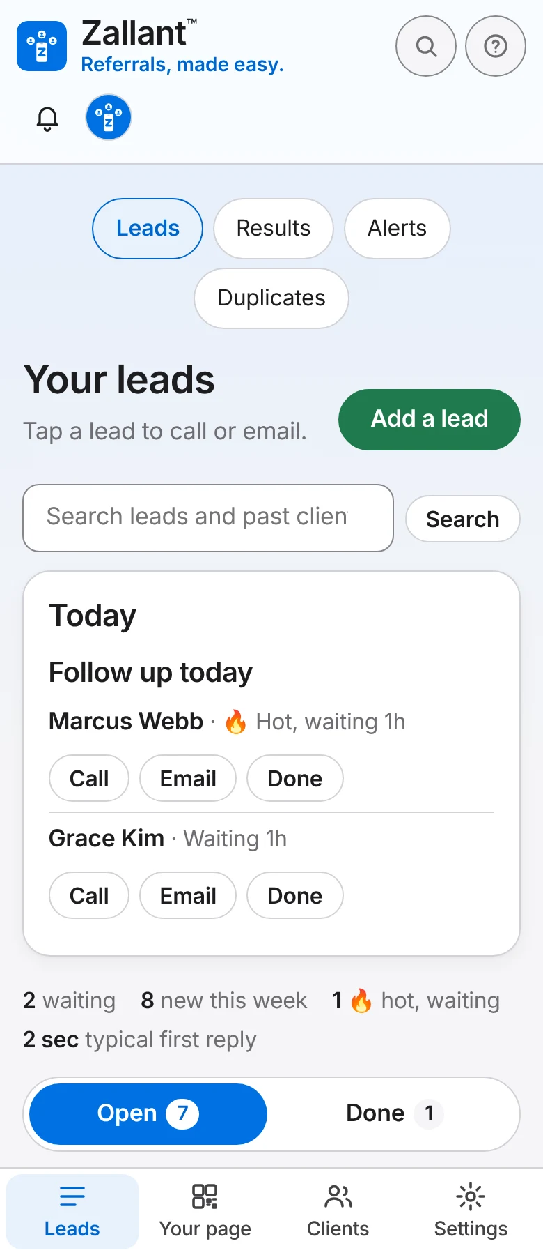 The Leads page on a phone: Follow up today with a hot lead and a lead waiting, each with Call, Email and Done.