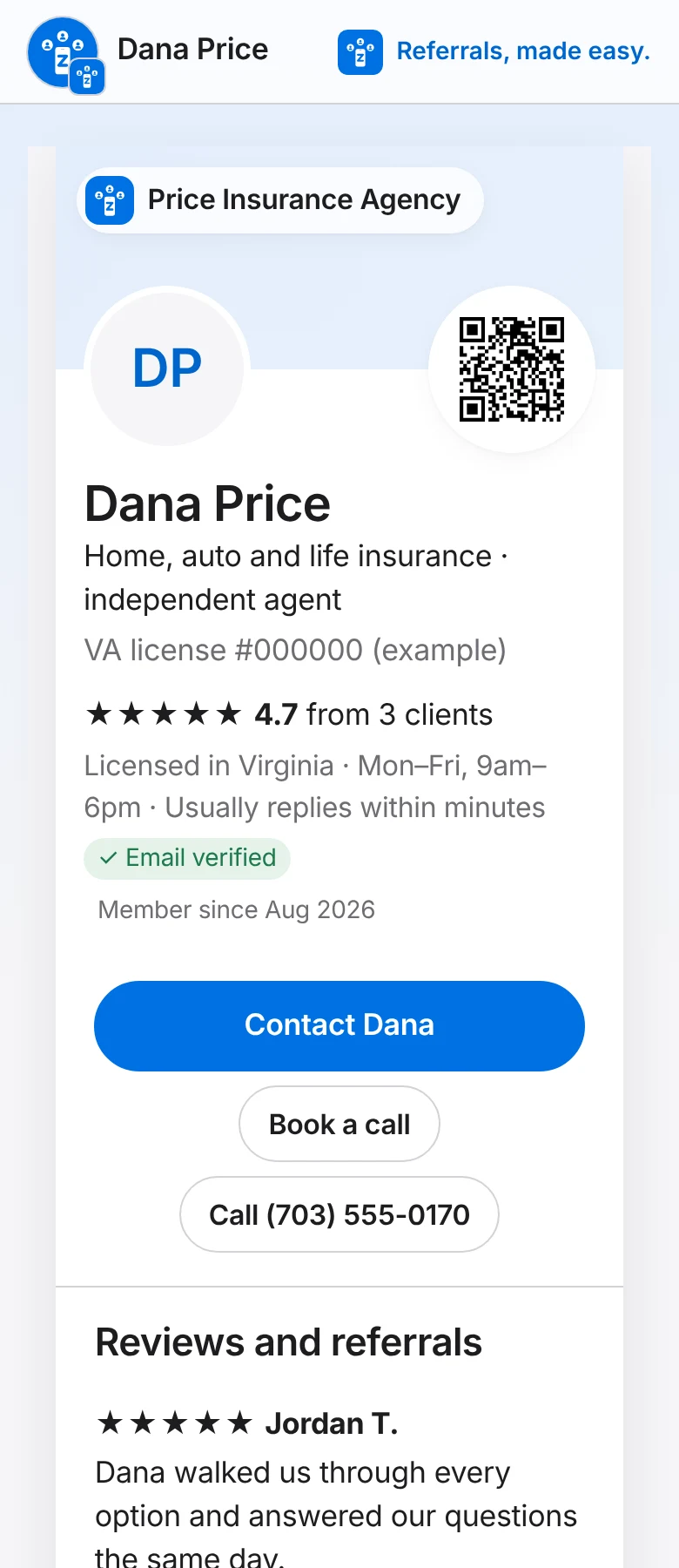 A Zallant page on a phone for a made-up insurance agent, Dana Price: license line, 4.7 stars, Contact, Book a call and dated client reviews.