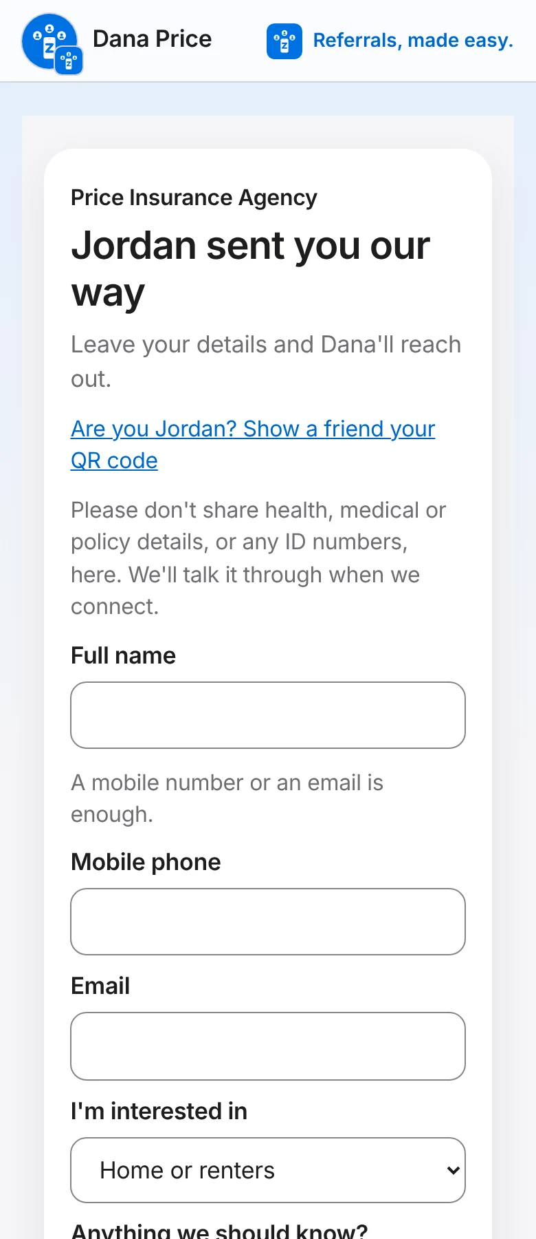 The page a friend opens from a client's link: "Jordan sent you our way", with a short form that reaches the agent.