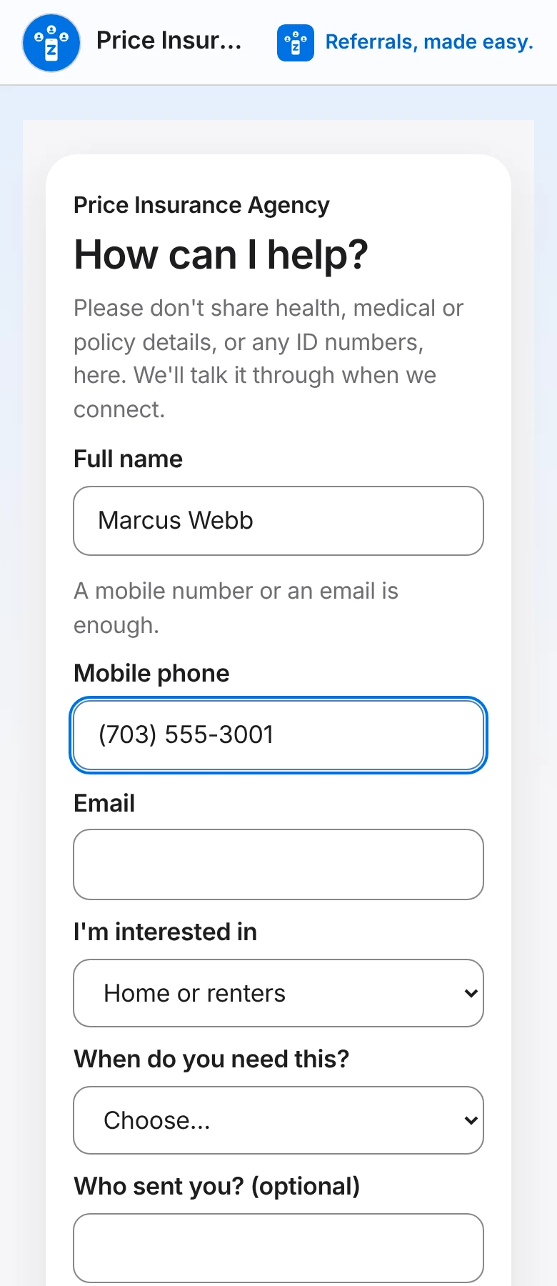 The quote request form on a phone: a note not to share health, policy or ID details, then name, phone, email and "I'm interested in: Home or renters".