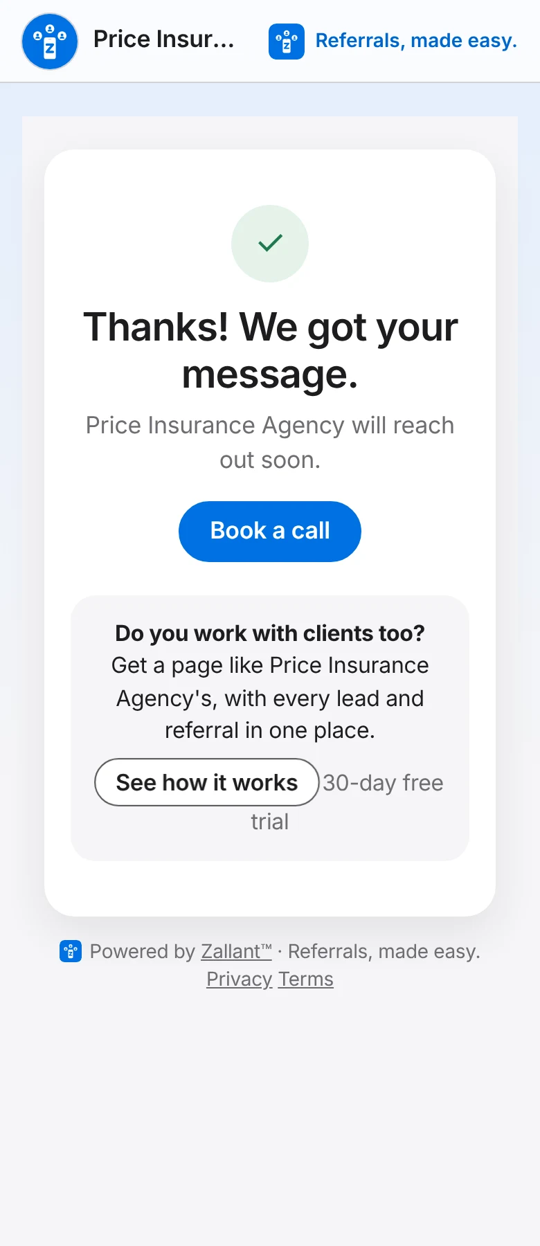 What someone sees right after reaching out: "Thanks! We got your message." and a Book a call button.