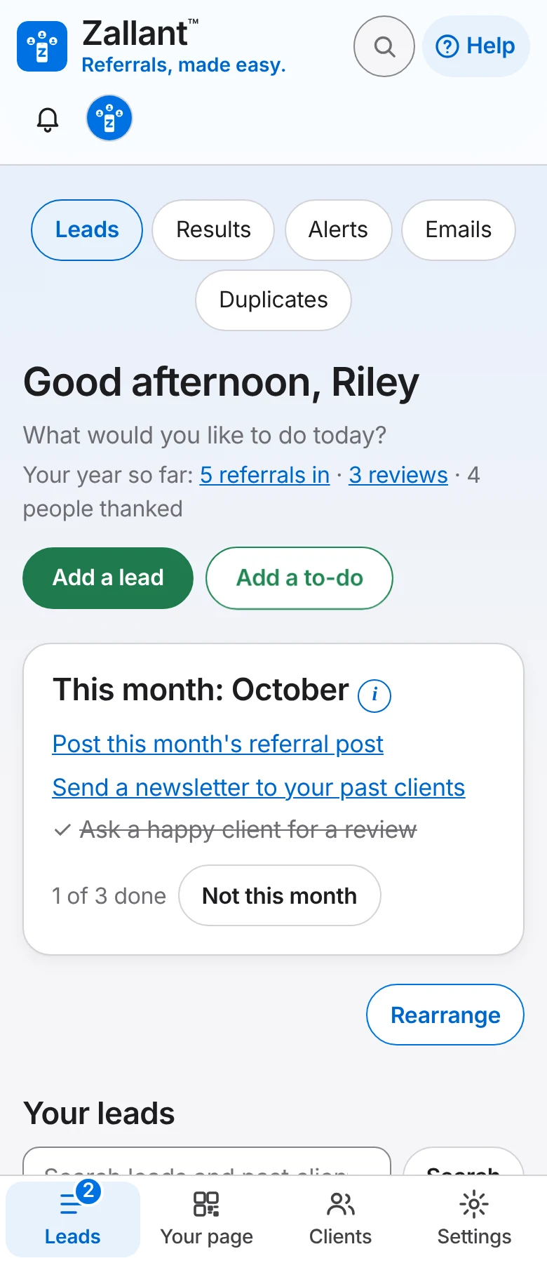 The Leads page on a phone: "Good afternoon, Riley", the year so far with 5 referrals in and 3 reviews, Add a lead and this month's three to-dos.