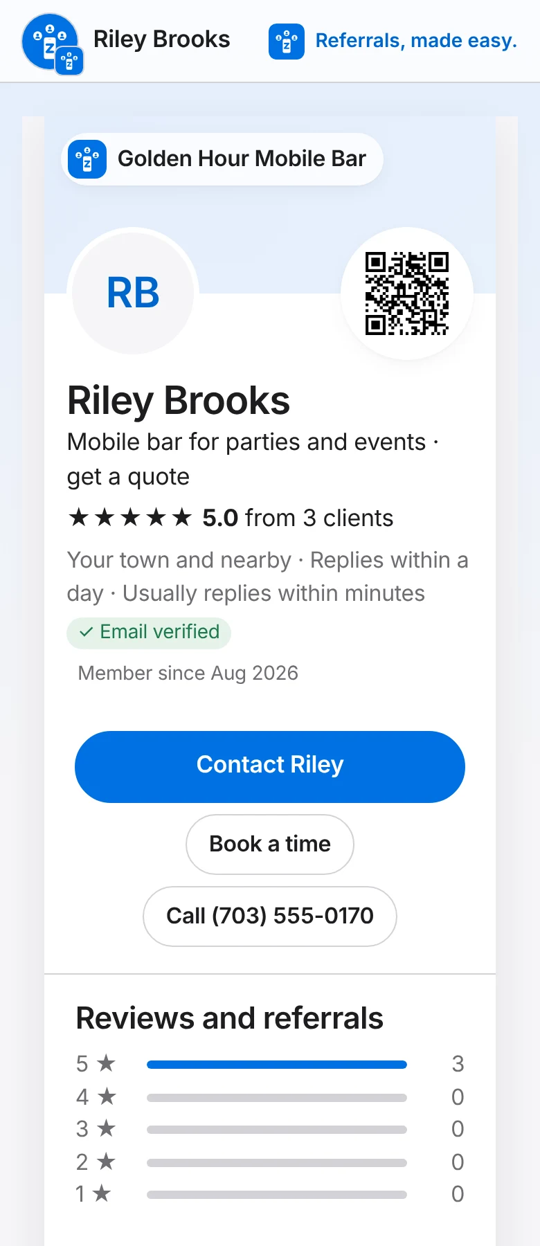 A Zallant page on a phone for a made-up mobile bar, Golden Hour Mobile Bar, run by Riley Brooks: 5.0 stars from 3 clients, Contact Riley, Book a time, a call button and the reviews summary.