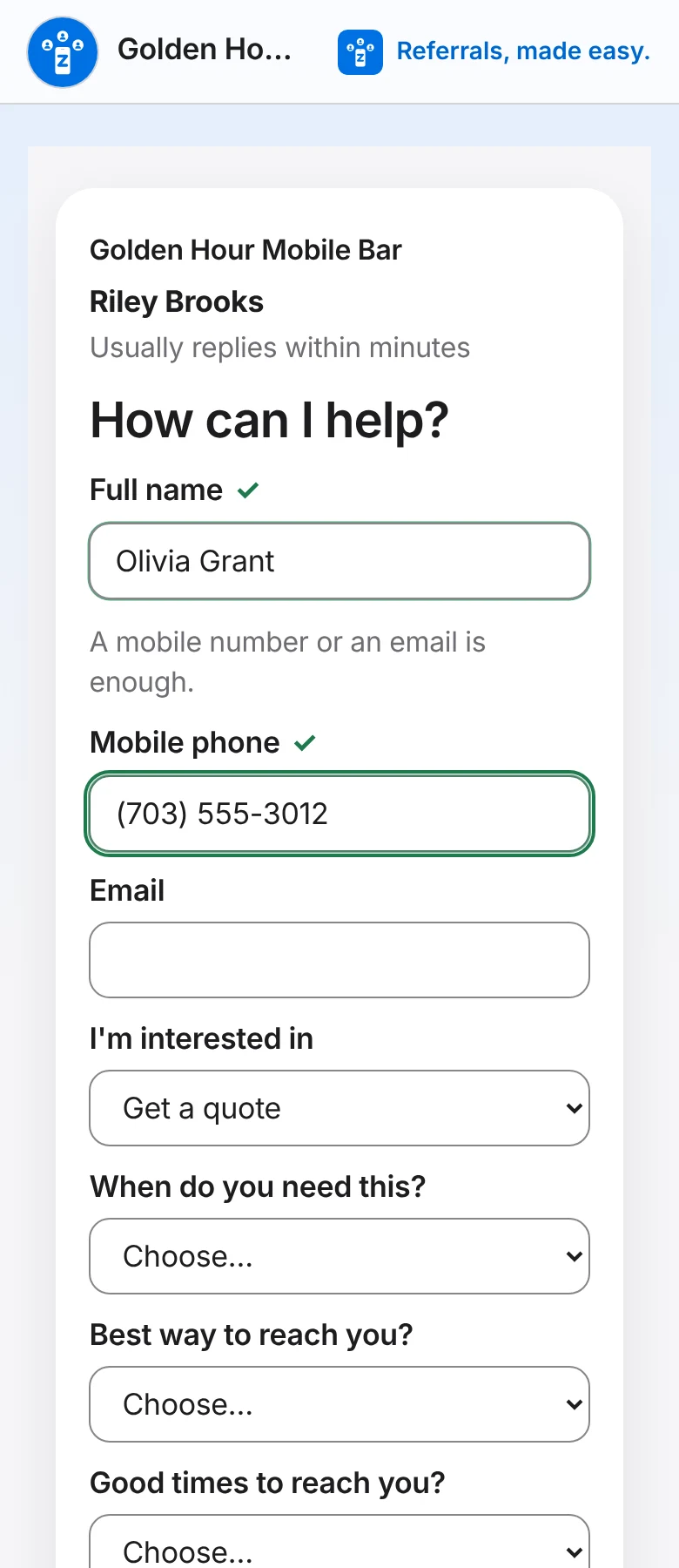 The inquiry form on a phone: name, phone, email, "I'm interested in: Get a quote", "When do you need this?", "Best way to reach you?" and "Good times to reach you?".