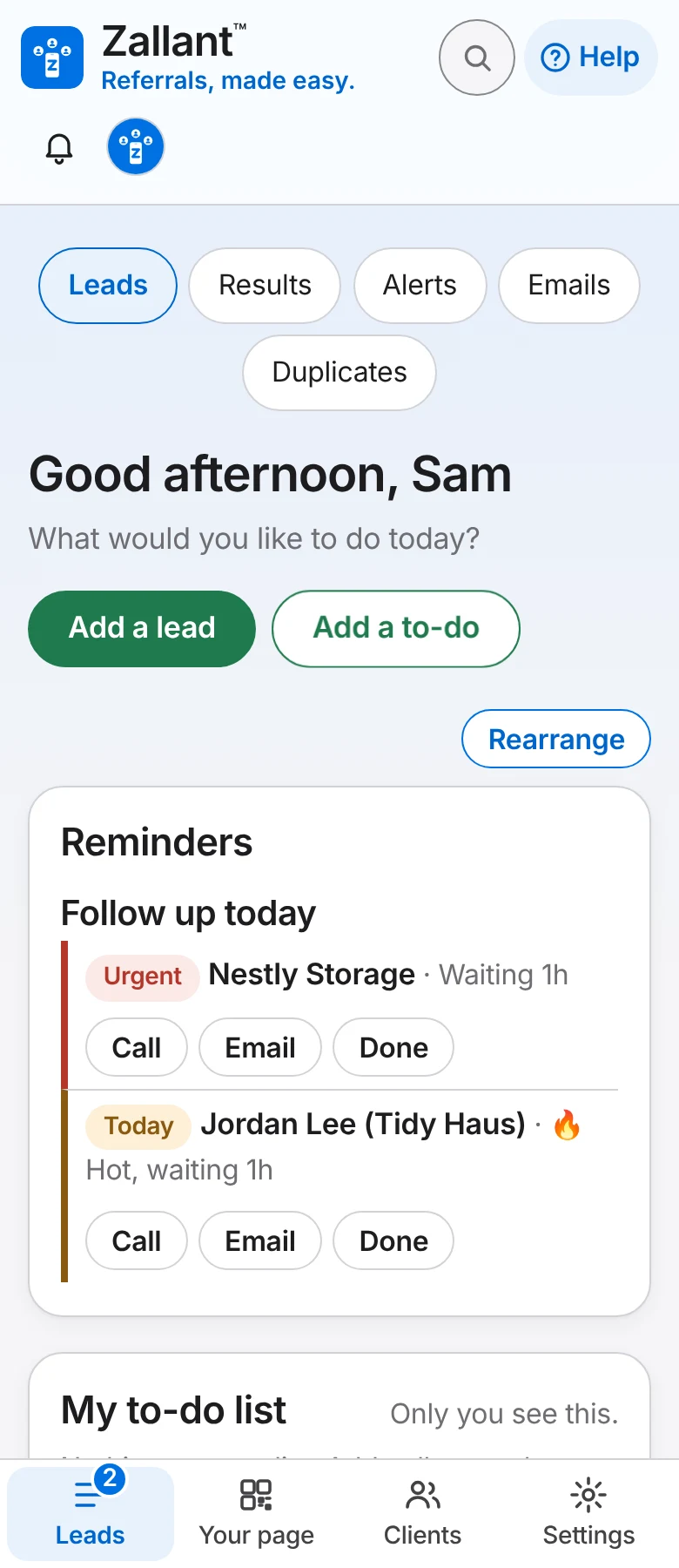 The Leads page on a phone: Follow up today with a new demo request and another waiting, each with Call, Email and Done.