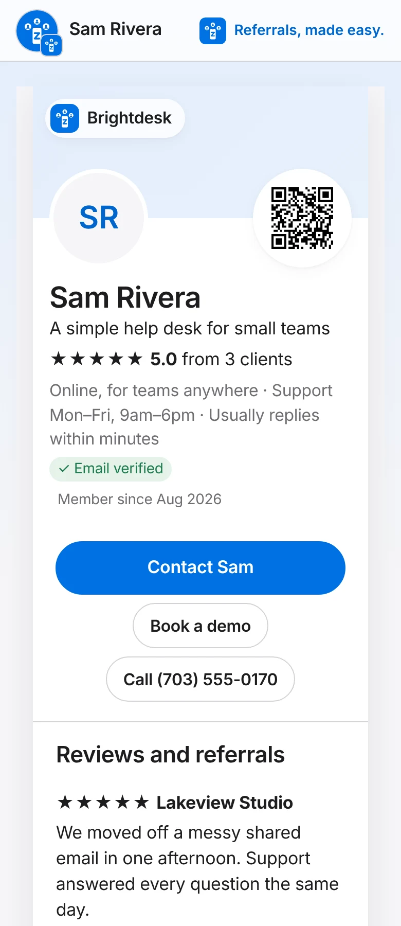 A Zallant page on a phone for a made-up software company, Brightdesk: a help desk for small teams, 5.0 stars, Contact, Book a demo and dated customer reviews.