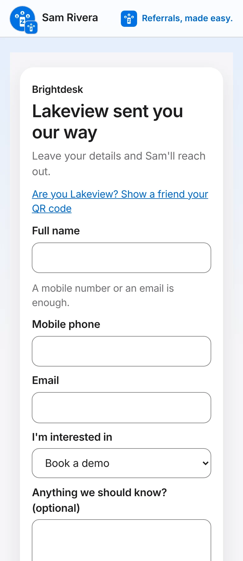 The page a new team opens from a customer's link: "Lakeview sent you our way", with a short form that reaches the software company.