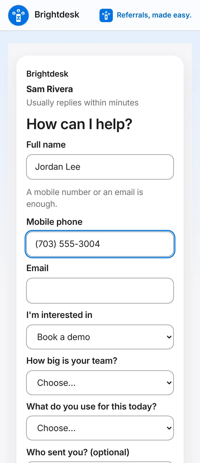 The demo request form on a phone: name, phone, email, "I'm interested in: Book a demo", "How big is your team?" and "What do you use for this today?".