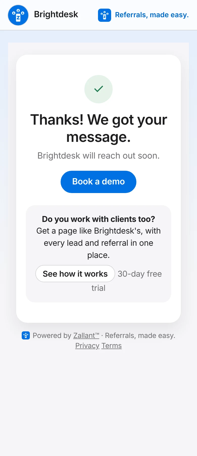 What a new team sees right after asking for a demo: "Thanks! We got your message." and a Book a demo button.