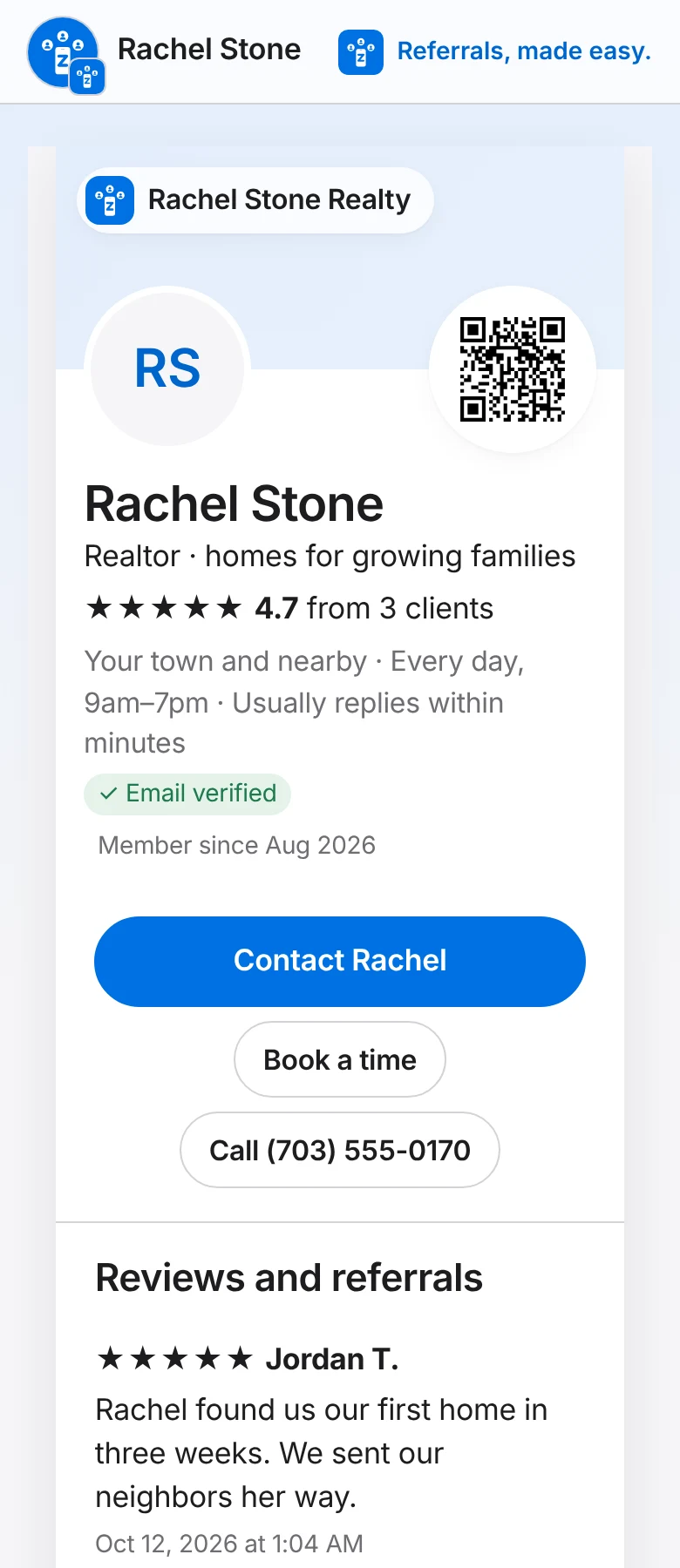 A Zallant page on a phone: Rachel Stone, realtor, with her photo, QR code, a Contact button and dated client reviews and referrals.