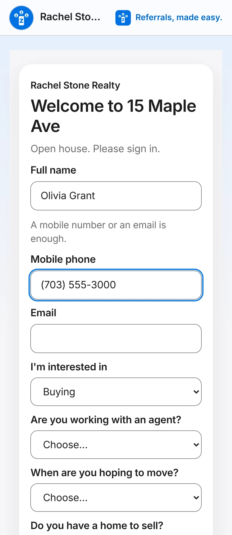 The sign-in page a guest sees after scanning the QR at an open house: name, phone, email and a few short questions.