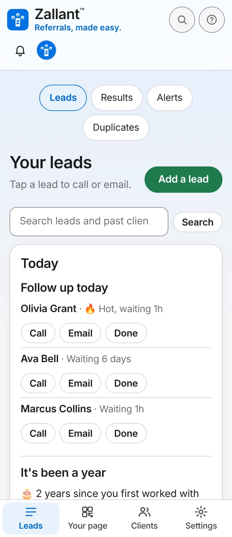 The Leads page on a phone: Follow up today with a hot lead, and Say thanks for a referral.