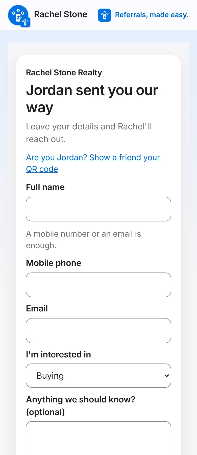 The page a friend opens from a past client's link: "Jordan sent you our way", with a short form that reaches the agent.